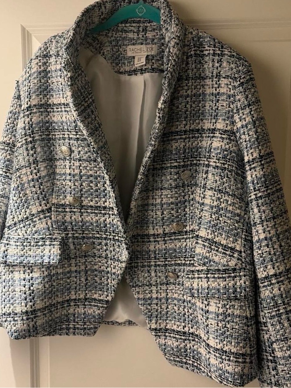 Rachel Zoe Blue and White Tweed Double-Breasted Blazer
